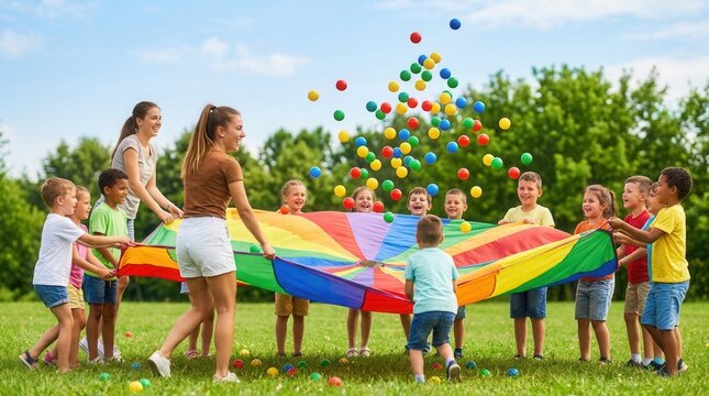Rainbow playground parachute used by a teacher and group of children for a summer camp activity on green grass.