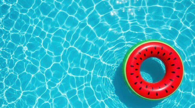 Swimming pool on a sunny day with a floating inflatable ring, top view featuring space for text