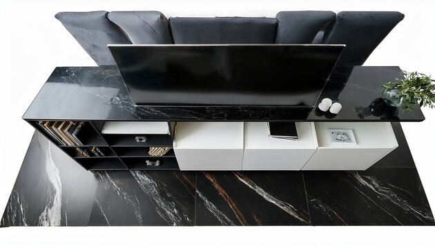 top view of black tv unit with white marble top