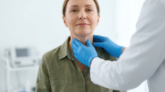 Indoors closeup of an endocrinologist examining a patient's thyroid gland