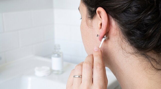 Closeup ear lobe piercing care cleaning copy space.	