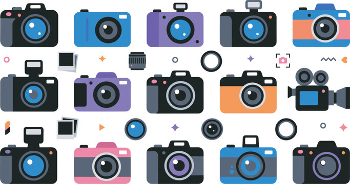 Modern flat camera icon vector set featuring colorful vintage retro dslr digital cameras video equipment film rolls and lenses isolated on white background