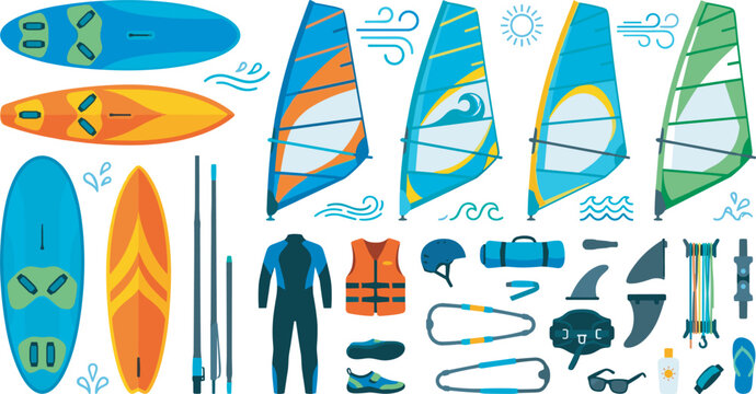 Windsurfing and extreme water sport vector illustration set featuring colorful surfboards sails wetsuits life vests fins and beach holiday activity equipment