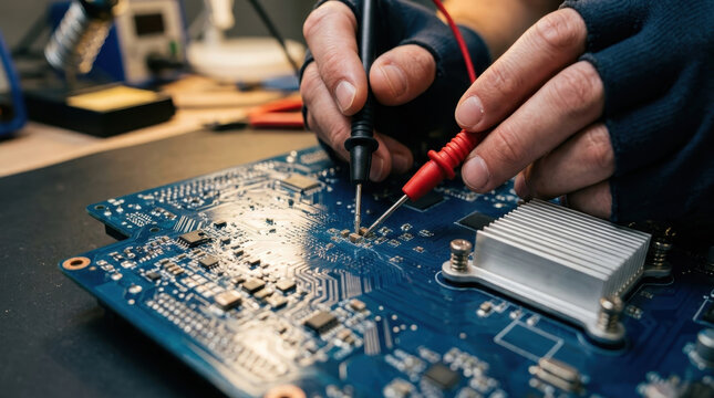 Technician testing electronic circuit board with multimeter probes