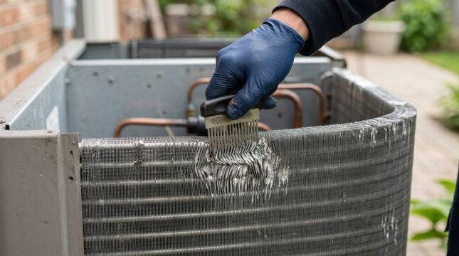 Technician repairing bent condenser fins with fin comb tool