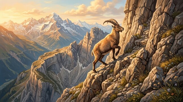 Majestic Ibex Climbing Steep Rocky Mountain Peak at Sunrise with Alpine Landscape