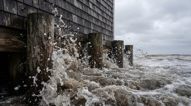 Stormy waves crashing against wooden pilings of a seaside structure.