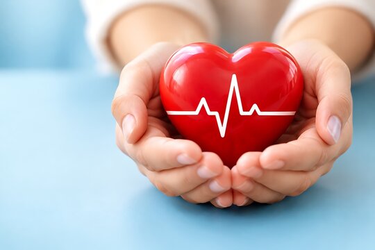 Close up of person holding red heart model with white heartbeat line on blue table cardiogram healthcare cardiology hospital prevention wellness clinical
