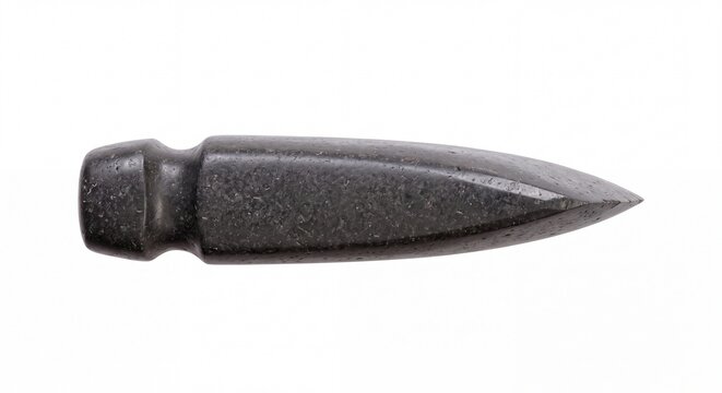 A Sharp Dark Stone Adze Tool Used for Traditional Woodworking and Crafting on White Background.