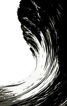 Dynamic high-contrast black and white illustration of a massive curling ocean wave. JPG stock graphic asset for surfing, tsunami, sea nature, and Japanese woodcut style designs.