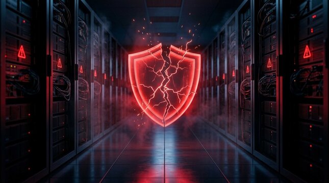 A glowing broken red shield icon floats in server room corridor, symbolizing cybersecurity breach and data vulnerability concept
