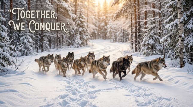 Pack of wolves running together on a snowy forest road at sunset, symbolizing unity and strength