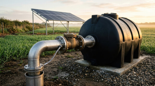 Solar powered water pump system with storage tank in agricultural field