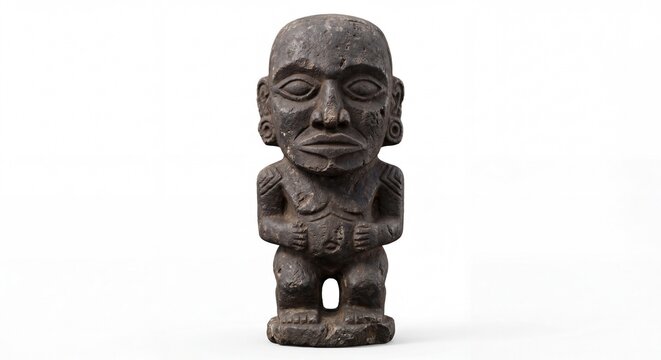 A small, weathered stone statue of a human figure standing isolated on a solid white background.