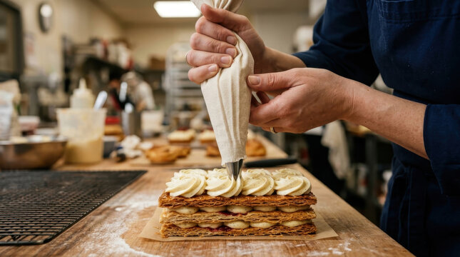 Pastry chef decorating a layered mille-feuille cake with cream piping