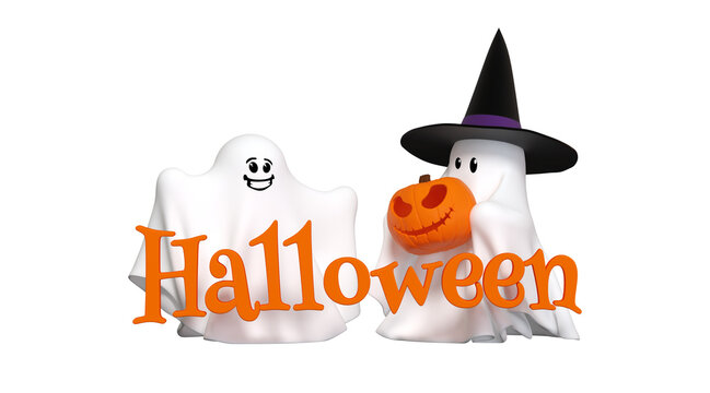 Titre halloween et fant&ocirc;mes mignons en 3D avec chapeau de sorci&egrave;re et citrouille &ndash; Rendu 3D sur fond transparent