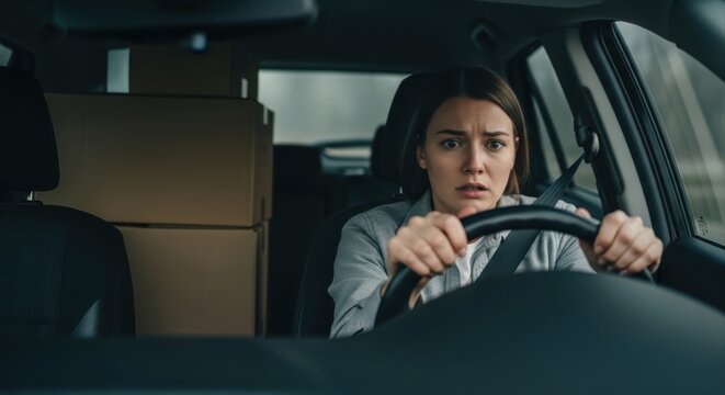 A frightened young woman driving a car with stacked cardboard boxes in the back seat, experiencing panic, stress, and worry during a tense commute while gripping the steering wheel in fear.