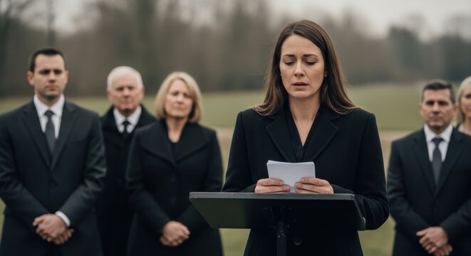 A grieving woman in a black coat reads a eulogy from a paper at a solemn outdoor funeral ceremony, with mourning family members and friends standing in the blurred background under an overcast sky.