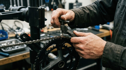 Fototapeta premium Mechanic repairing bicycle chain with tool in professional workshop