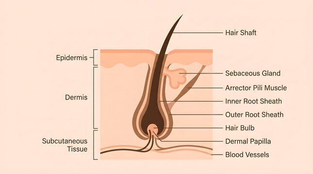 Anatomy cross section diagram of hair follicle with labeled parts for dermatology and hair care educational purposes.