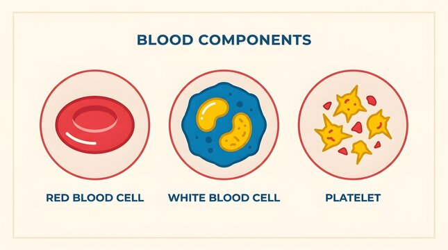 Blood components illustration featuring red blood cells white blood cells and platelets for educational biology study.