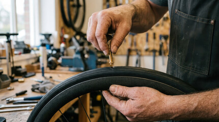 Obraz premium Mechanic repairing bicycle tire with valve core in workshop