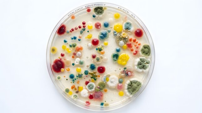 Diverse colorful bacteria and mold colonies growing on agar plate.