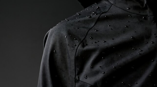 Water beads remain on black technical fabric in close-up, showing a water-repellent textile surface for rainwear, outdoor apparel, material technology and product advertising