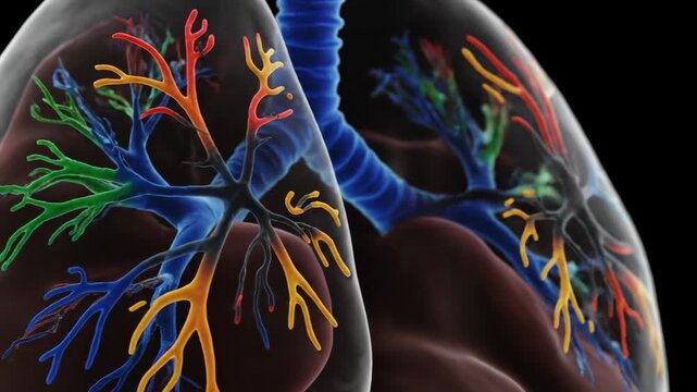 Detailed 3D rendering of human lungs showing colorful bronchi and bronchioles.