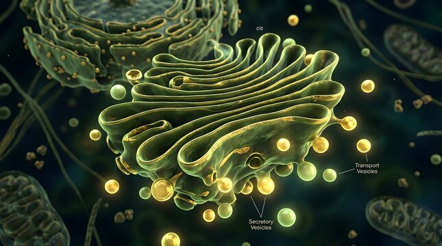 Golgi apparatus organelle structure showing protein processing and vesicle transport mechanism in cytoplasm.