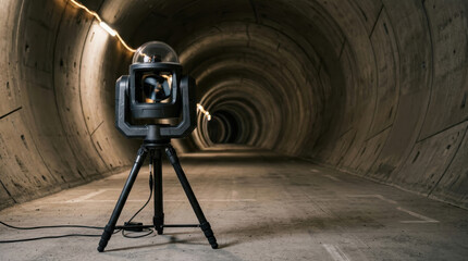 Obraz premium Laser scanner device recording 3D measurements inside a concrete tunnel