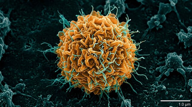 Scanning electron microscope style rendering of single spherical immune cell.