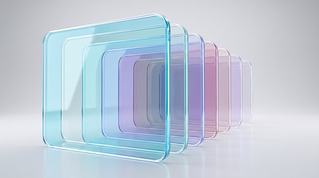 Stacked translucent glass rectangles in pastel colors isolated on transparent background