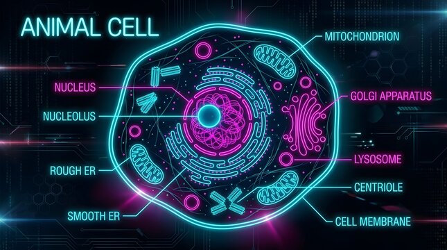Neon glowing animal cell structure diagram with detailed organelle labels.