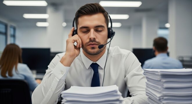 Exhausted male call center agent with headphones and a microphone sleeping at his desk in an office surrounded by huge stacks of paperwork, feeling overwhelmed by workload and burnout.