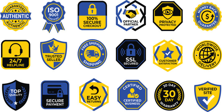 E-commerce Security Badges Collection, 20 Blue and Yellow Vector Trust Seals, Online Shopping Guarantee Icons for Websites