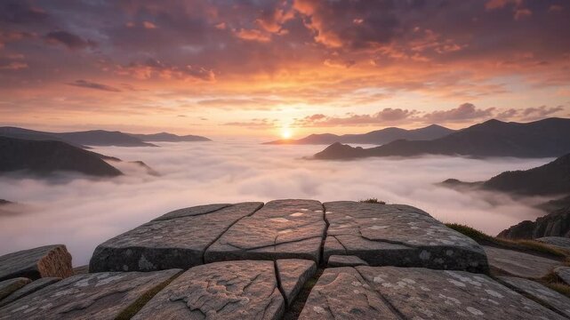 Flat rock platform crowns a rugged high peak above a misty valley, fiery orange, red and purple clouds filling the dramatic sunset sky