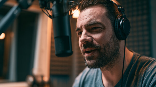 Man with headphones speaking into a professional broadcast microphone in a warmly lit sound-treated studio. Represents podcasting, audio production, broadcasting, content creation, and communication.