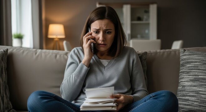 Stressed woman sitting on a living room sofa, looking terrified while holding a stack of bills and talking on her smartphone, reacting with panic and anxiety to bad financial news or unexpected debt.