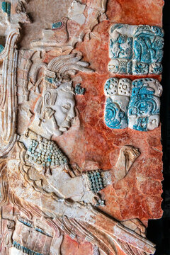 Portrait of Mayan king Upakal Kinich with hieroglyphics, Palenque, Chiapas, Mexico.