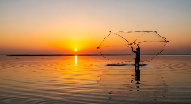 Fisherman casting a net into tranquil water during a beautiful sunset