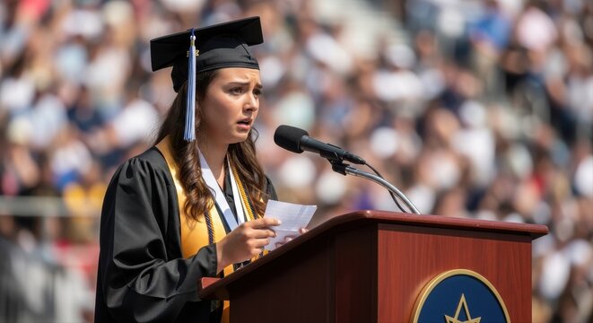 Young female graduate student in a black cap and gown delivers a heartfelt commencement speech at a crowded outdoor stadium podium, holding notes and speaking passionately into a microphone on.
