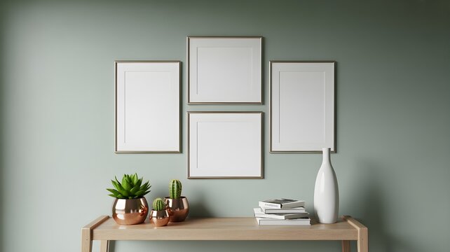 Minimalist interior with four empty picture frames on sage green wall