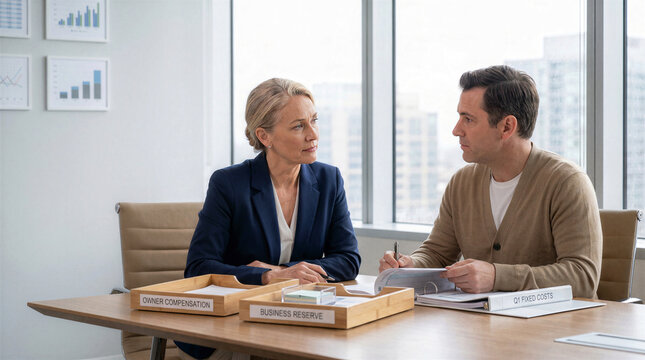 Business owner meeting accountant to review compensation and fixed costs in office.
