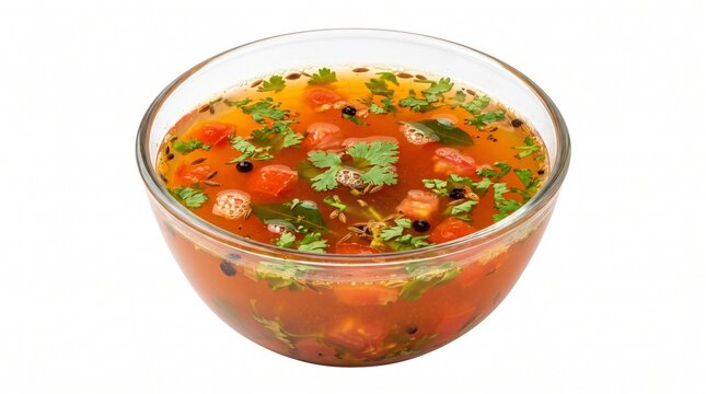 A refreshing bowl of tomato rasam soup garnished with fresh coriander leaves and spices