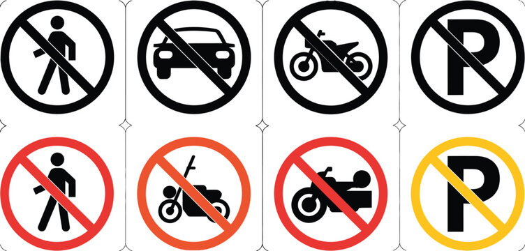 No Parking Road Warning Signs featuring no car entry symbols, red circular traffic restriction markers, transportation regulations, and safety vector designs.