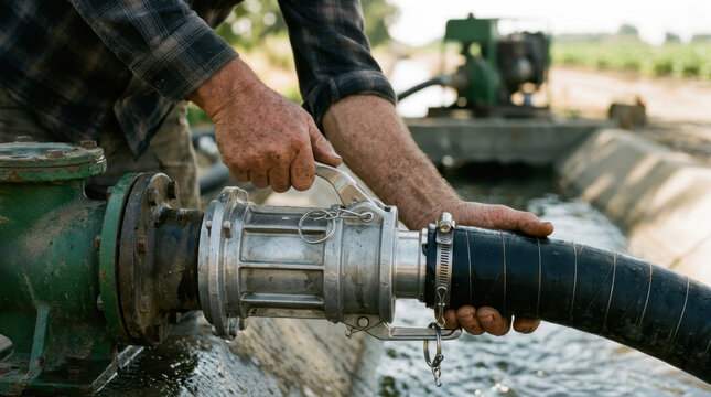 Farmer connecting irrigation hose to water pump on agricultural farm