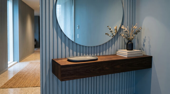 Modern hallway interior design with wooden console table and round mirror