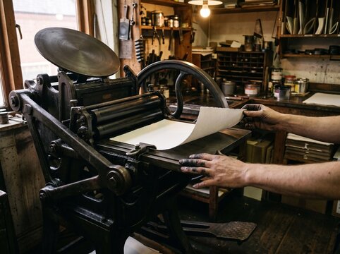 Inky hands pulling blank print from antique press
