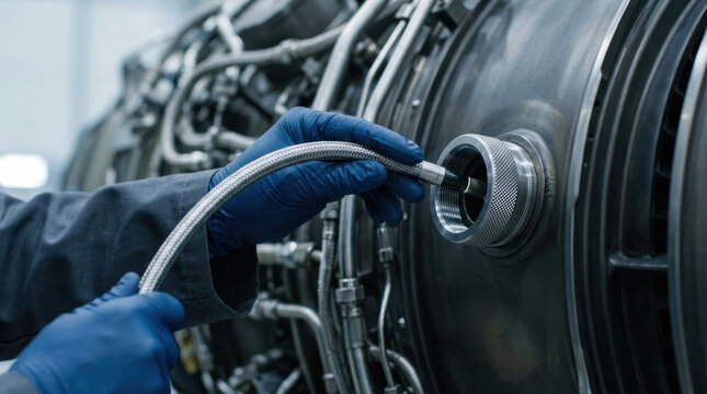 Engineer inspecting aircraft jet turbine engine with borescope tool